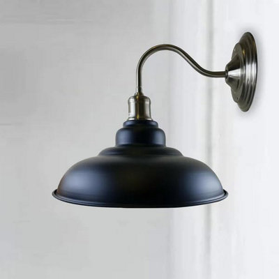 Industrial Black Gooseneck Wall Light Vintage Barn-Style Indoor Sconce With 32Cm Dome ShadeMetal Construction E27 Base from B&Q