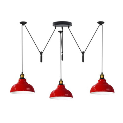  - Red 3 Light Pulley Pendant Light Adjustable 2M Dome Lampshade E27 Base 110-240V Ceiling Fixture For Bedroom & Dining Room