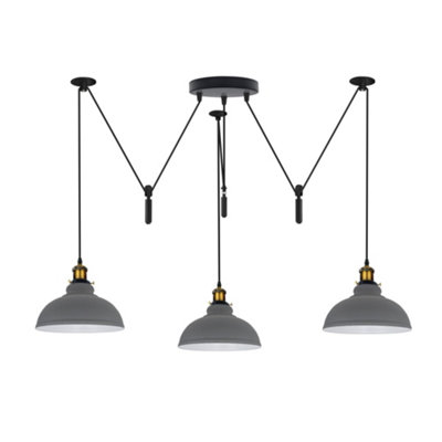  - Grey 3 Light Pulley Pendant Light Adjustable Dome Lampshade E27 Base 110-240V Ceiling Fixture For Bedroom & Dining Room