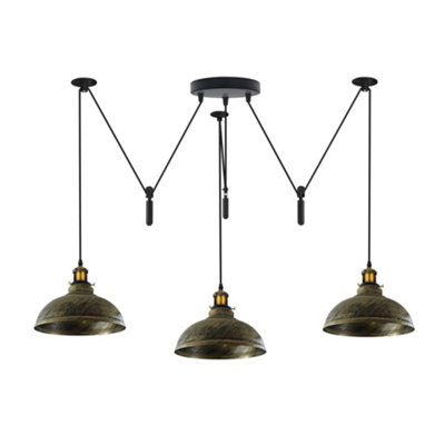  - Ledsone Brushed Brass 3 Light Pulley Pendant Adjustable 2M Dome Lampshade E27 Base 110-240V Ceiling Fixture For Bedroom