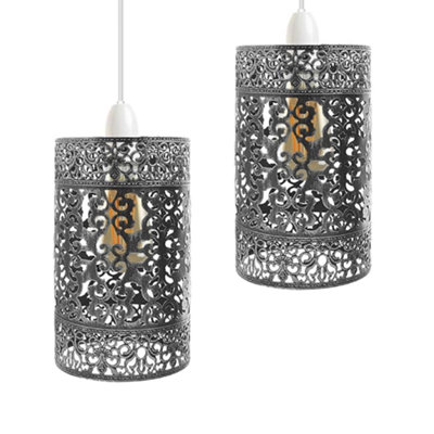  - 2 Pack Brushed Silver Metal Easy Fit Drum Cage Ceiling Light Shade Hollow Out Lamp Shade For Ceiling Pendant Light