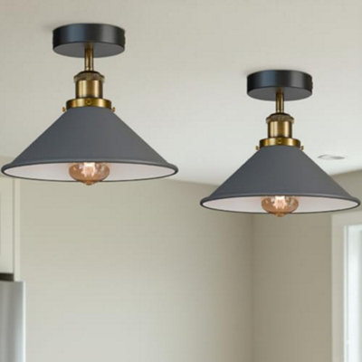 2 Pack Flush Mount Ceiling Lighting Metal E27 Base Grey Cone Shade With Bulb from B&Q