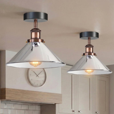 Pack Of 2 Semi Flush Ceiling Light Electroplated Chrome Finish With Metal E27 Base Holder And Cone Lampshade from B&Q