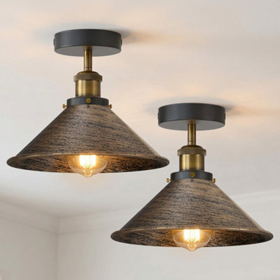 2 Pack Semi Flush Ceiling Light 22Cm Brushed Copper Cone Shade Metal E27 Industrial Lamp Bedroom Kitchen Hallway With Bulb from B&Q