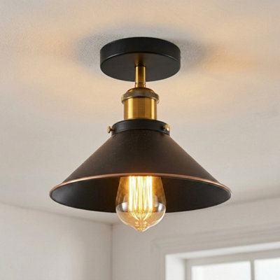 Vintage Flush Mounted Ceiling Light Metal E27 Base Black Gold Line Cone Shade Bulb Not Included from B&Q