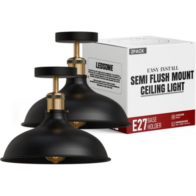 Pack Of 2  Vintage Semi Flush Mount Ceiling Light With E27 Base 36Cm Black Metal Shade For KitchenLiving Room With Bulb from B&Q