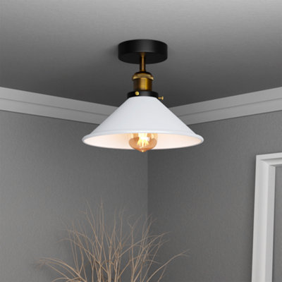 Vintage Ceiling Light Semi Flush Mount Indoor Light Metal  E27 Base Cone Lampshade White With Bulb from B&Q