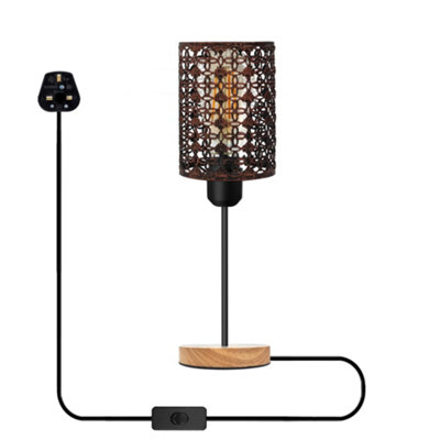 Bedside Table Lamp With Wooden Base And Cage Lampshade Bedroom Light Brushed Copper from B&Q