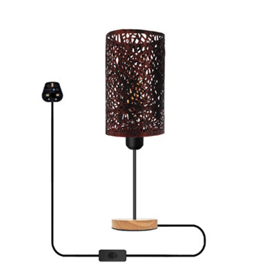 Bedside Table Lamp With Wooden Base And Cage Lampshade Bedroom Light Rustic Red from B&Q