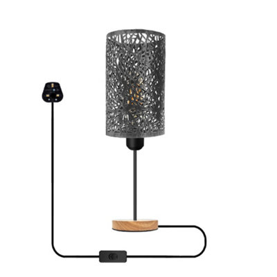 Bedside Table Lamp With Wooden Base And Cage Lampshade Bedroom Light Brushed Silver from B&Q