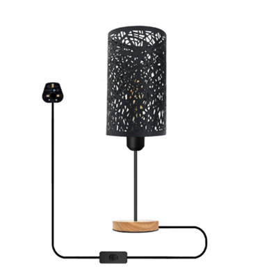 Bedside Table Lamp With Wooden Base And Cage Lampshade Bedroom Light Black from B&Q