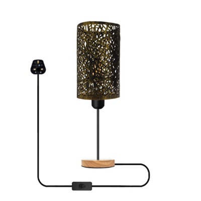 Bedside Table Lamp With Wooden Base And Cage Lampshade Bedroom Light Brushed Brass from B&Q