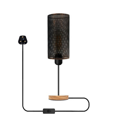 Bedside Table Lamp With Wooden Base And Cage Lampshade Bedroom Light Brushed Copper from B&Q