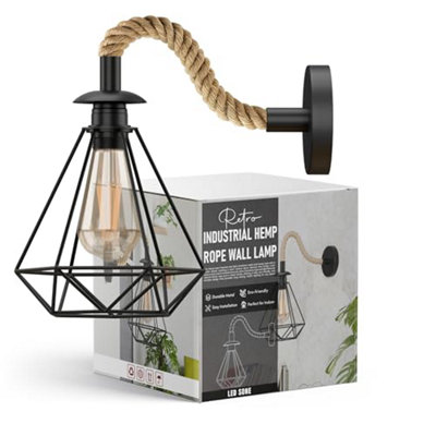 B&Q Ledsone Wall Sconce Wall Light Industrial Hemp Rope Wall Lamp Metal E27 Retro Black Wall Lighting Fixtures