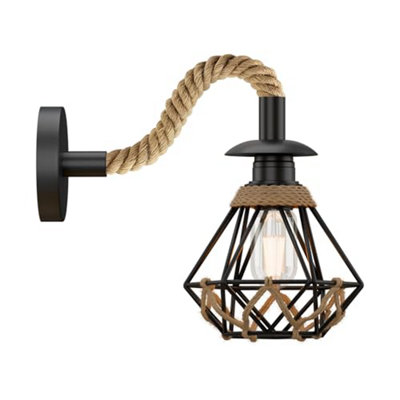 Retro Hemp Rope Wall Sconce Lamp Rustic Industrial E27 Base Metal Shade Wall Mounted Lighting Fixture from B&Q
