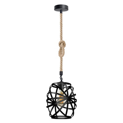 Ledsone Hemp Rope E27 Single Head Pendant Light With Metal Black Wire Cage Ceiling Lamp Height 100Cm With Bulb from B&Q