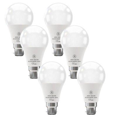 Pack-6Led A60 Gls B22 Base 9W (100W Equivalent) Light Bulb 60mm Diameter Non-Dimmable Cool White 6400K Bayone Energy Saving Bulb from B&Q