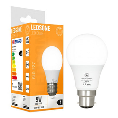 Pack-1Led A60 Gls B22 Base 9W (100W Equivalent) 60mm Diameter Non-Dimmable Cool White 6400K Bayonet Base Energy Saving Bulb from B&Q