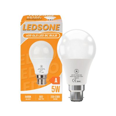  - Led A55 B22 Base 5W (50W Equivalent) 55mm Diameter Non-Dimmable Cool White 6400K 550 Lumens Energy Saving Bulb