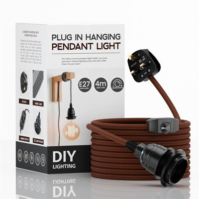 Ledsone Industrial E27 Plug-In Pendant Light Holder With Dimmer Switch4M Brown Fabric Cable from B&Q