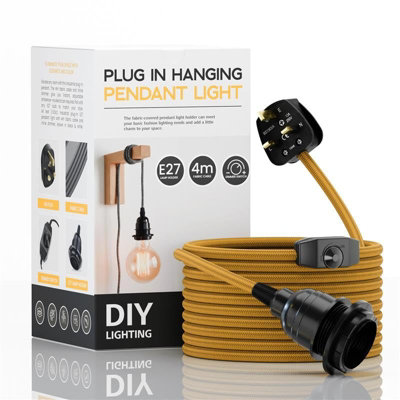 Ledsone Industrial E27 Plug-In Lamp HolderPendant Light With Dimmer Switch4M Gold Fabric Cable from B&Q