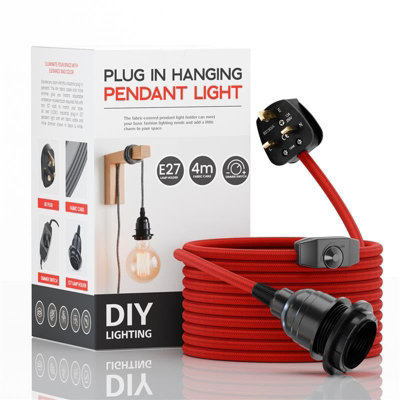 Ledsone Industrial E27 Plug-In Lamp HolderPendant Light With Dimmer Switch4M Red Fabric Cable from B&Q