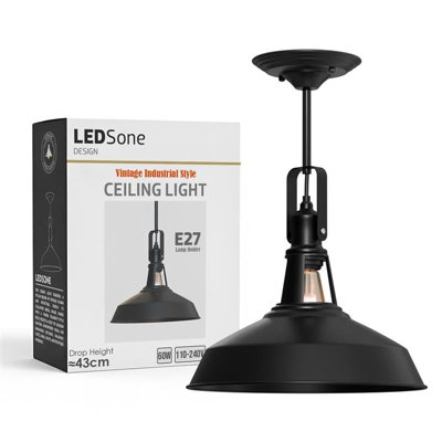 Ledsone Vintage Ceiling & Wall Light30Cm Barn Metal Shade With Adjustable Swivel HeadMatte Black E27 Flush Mount Fixture from B&Q