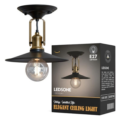 Ledsone Industrial Ceiling & Wall Light,22Cm Flat Metal Shade With Adjustable Swivel Head,matte Black E27 Flush Mount Fixture from B&Q