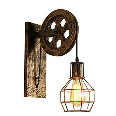 Industrial Wall Light Loft Pulley Wheel Lamp Retro Wall Sconce Fixture E27 Wire Cage Brushed Copper With Bulb from B&Q