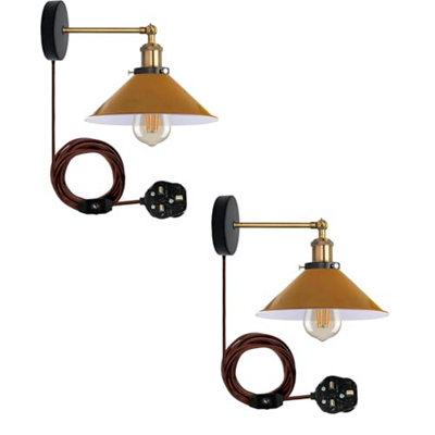 Industrial Matt Black Plug-In Wall Light With Dimmer Switch Yellow from B&Q