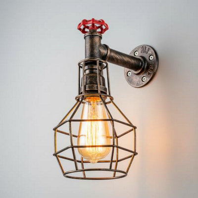 Retro Industrial Water Pipe Wall Light E27 Brushed Copper Metal Cage Wall Lamp from B&Q
