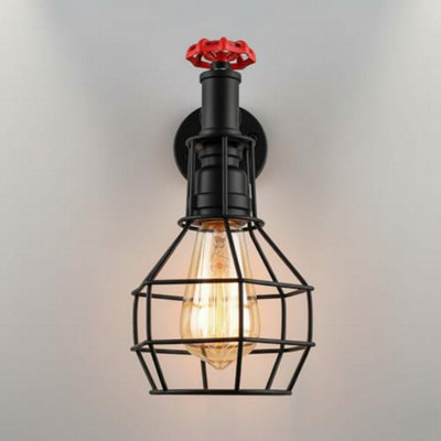 Industrial Steampunk Water Pipe Wall Light With Cage E27 Black Metal Wall Lamp from B&Q