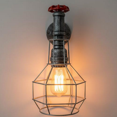 Retro Industrial Water Pipe Wall Light E27 Brushed Silver Metal Cage Wall Lamp from B&Q