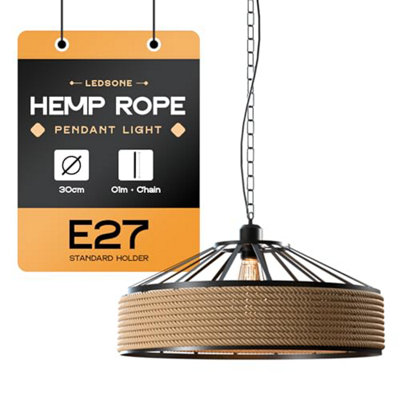 30Cm Vintage Ceiling Pendant Light With Chain Industrial Loft Hemp Rope E27 Holder Retro Lamp from B&Q