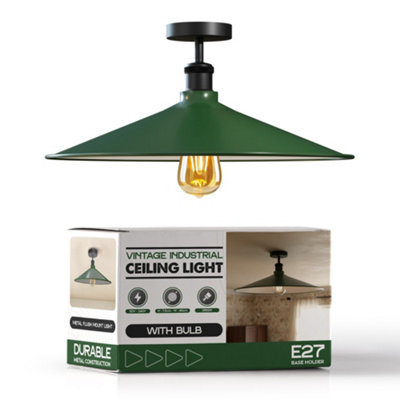 E27 Semi Flush Mount Ceiling Light Metal 40Cm Green Lampshade Vintage Ceiling Lighting For Living Room With Bulb from B&Q
