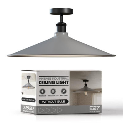 E27 Semi Flush Mount Ceiling Light Fixture Metal 40Cm Grey Lampshade Vintage Ceiling Lighting For Living Room from B&Q