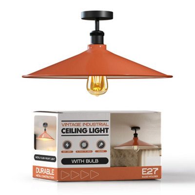 E27 Semi Flush Mount Ceiling Light Metal 40Cm Orange Lampshade Vintage Ceiling Lighting For Living Room from B&Q