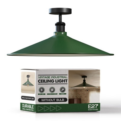E27 Semi Flush Mount Ceiling Light Fixture Metal 40Cm Green Lampshade Vintage Ceiling Lighting For Living Room from B&Q