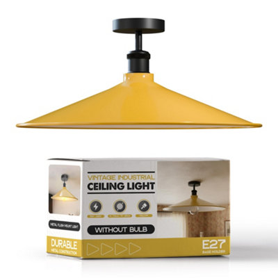 E27 Semi Flush Mount Ceiling Light Fixture Metal 40Cm Yellow Lampshade Vintage Ceiling Lighting For Living Room from B&Q