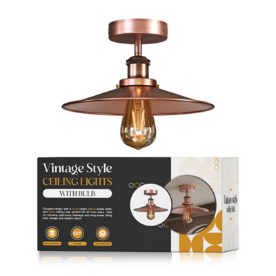  - Vintage Flush Mount Ceiling Light E27 With 22Cm Copper Shade Easy Fit Durable Metal Industrial Ceiling Lighting Fixtures