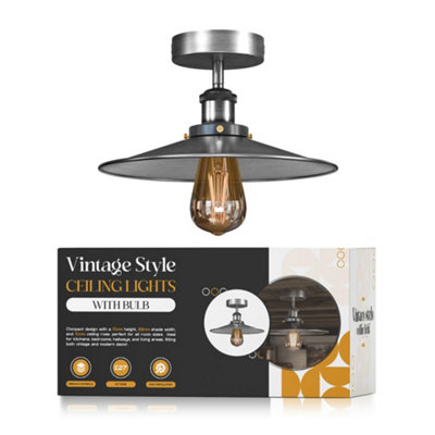 E27 Flush Fitting Ceiling Light With 22Cm Satin Nickel Lampshade Easy Fit Metal Semi Flush Mount Ceiling Lighting from B&Q