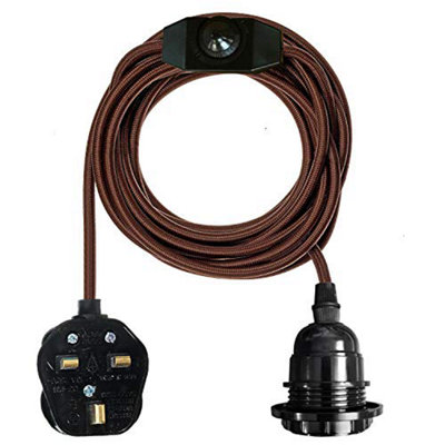  - Plug In Pendant Light Fitting E27 Lamp Holder With Switch Suspendedt Plug In 2M Fabric Cable With Dimmer Switch (Brown)