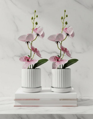  - Artificial Orchid Flowers2 Pieces Potted Orchid Flowers Fake Orchids With Plastic Vase For Table Centerpiece Home Decor