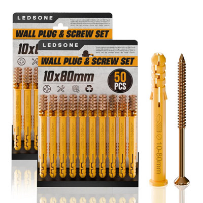 50Pcs X 2Pk Wall Plugs And Screw Set 10mm X 80mm Raw Plugs With Screws Masonry Plugs And Screws Set from B&Q