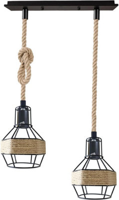  - 2 Head Hemp Rope Ceiling Pendant Light Metal Rectangular Ceiling Rose With Adjustable 95Cm Cables