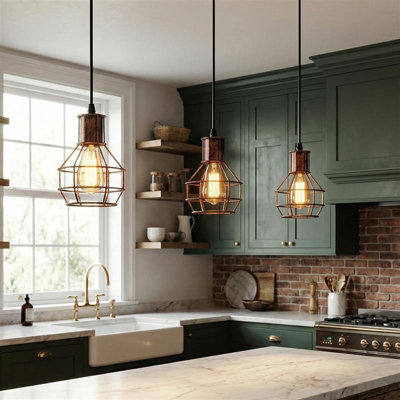  - Rustic Red Industrial Wire Cage Pendant Light Perfect For Living RoomKitchenBedroom & Café