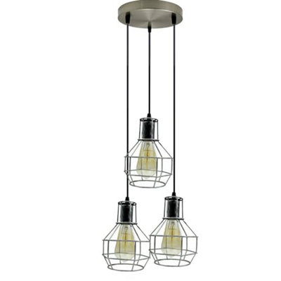  - Industrial E27 Base Edison Metal Caged Vintage Hanging Pendant 3-Lights Rustic Brushed Silver Pendant Light Fixture
