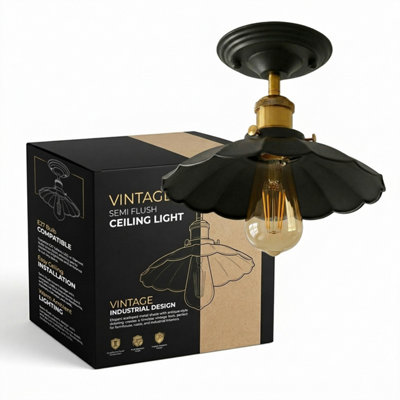 Industrial-Semi Flush Mount Ceiling Light With E27 Socket And 22Cm Umbrella Shaped Metal Lampshade For Living Room from B&Q
