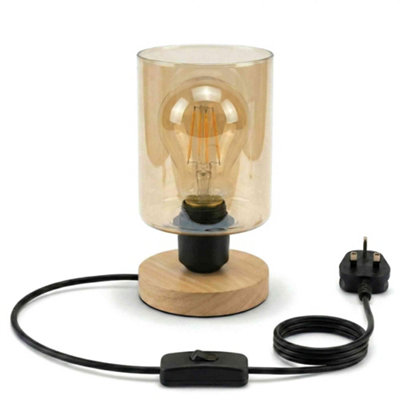 Ledsone 18Cm Wooden Bedside Lamp With Amber Glass Shade E27 Plug In Desk Light With Bulb 2M Cable And On Off Switch from B&Q