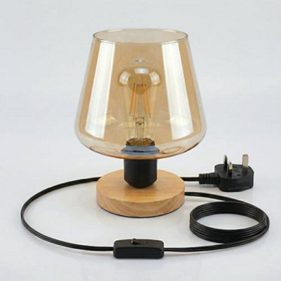 Ledsone 24Cm Wooden Bedside Lamp With Amber Glass Shade E27 Plug In Desk Light With Bulb And 2M Cable For Bedroom Or Living from B&Q